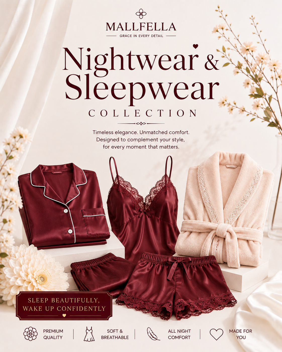 Women's Nightwear and Sleepwear Collection featuring pajama sets, satin nightwear and comfortable sleepwear at Mallfella