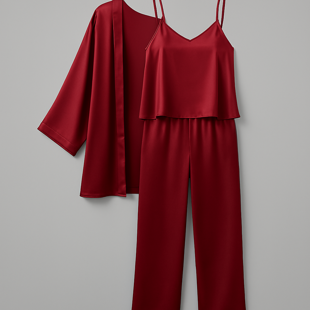 3-Piece Satin Sleepwear Set for Women – Camisole, Pants & Robe | Free Size