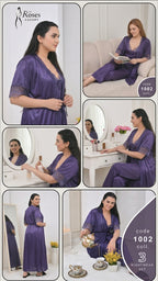 3 Pcs Blue Satin Silk Long Gown Set For Women – Luxury Sleepwear Night Dress Set