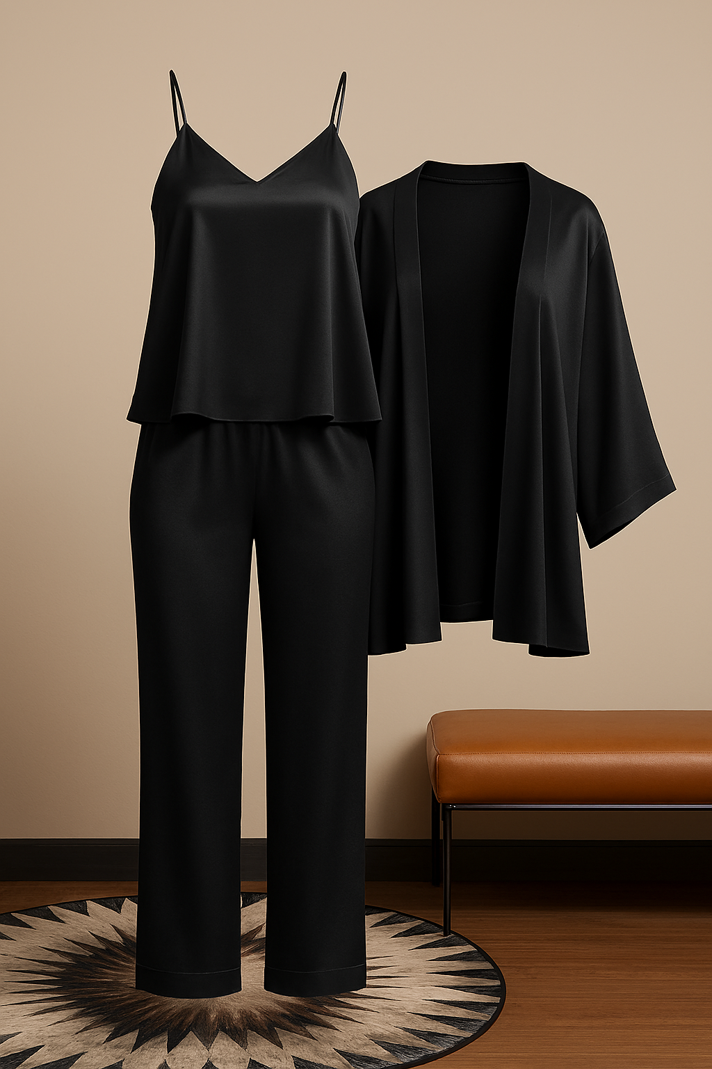 3-Piece Satin Sleepwear Set for Women – Camisole, Pants & Robe | Free Size