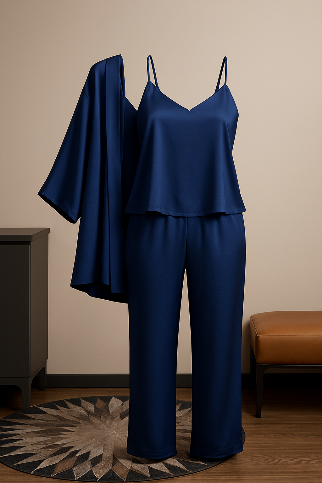 3-Piece Satin Sleepwear Set for Women – Camisole, Pants & Robe | Free Size
