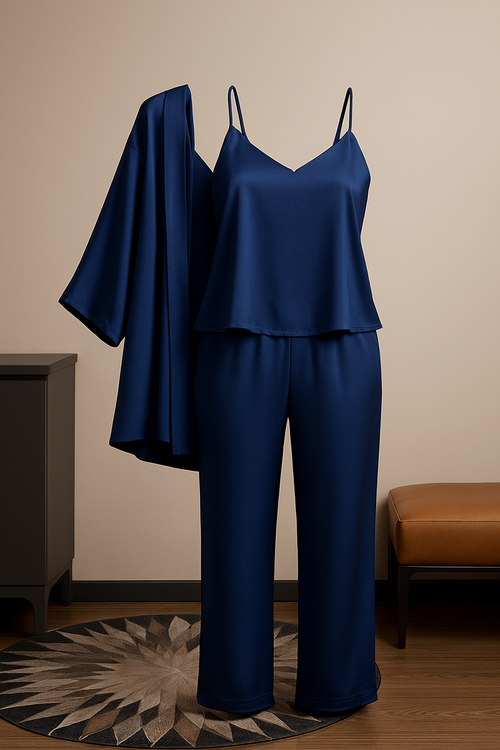 3-Piece Satin Sleepwear Set for Women – Camisole, Pants & Robe | Free Size