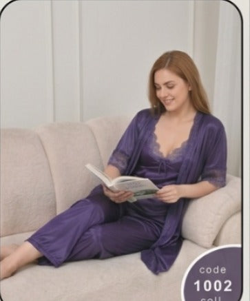 3 Pcs Blue Satin Silk Long Gown Set For Women – Luxury Sleepwear Night Dress Set