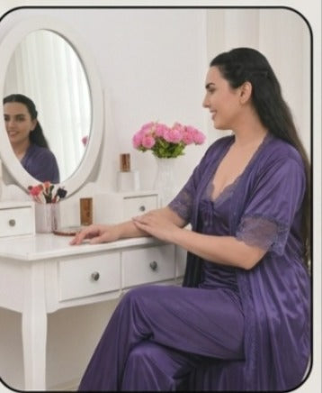3 Pcs Blue Satin Silk Long Gown Set For Women – Luxury Sleepwear Night Dress Set