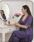 3 Pcs Blue Satin Silk Long Gown Set For Women – Luxury Sleepwear Night Dress Set