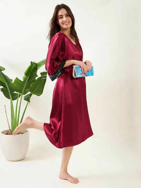 2 Piece Lace Nightwear Set Robe aur Inner Dress