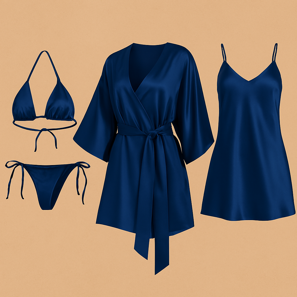 4-Piece Satin Lingerie Set – Bikini, Slip Dress & Robe | Free Size