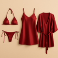 4-Piece Satin Lingerie Set – Bikini, Slip Dress & Robe | Free Size